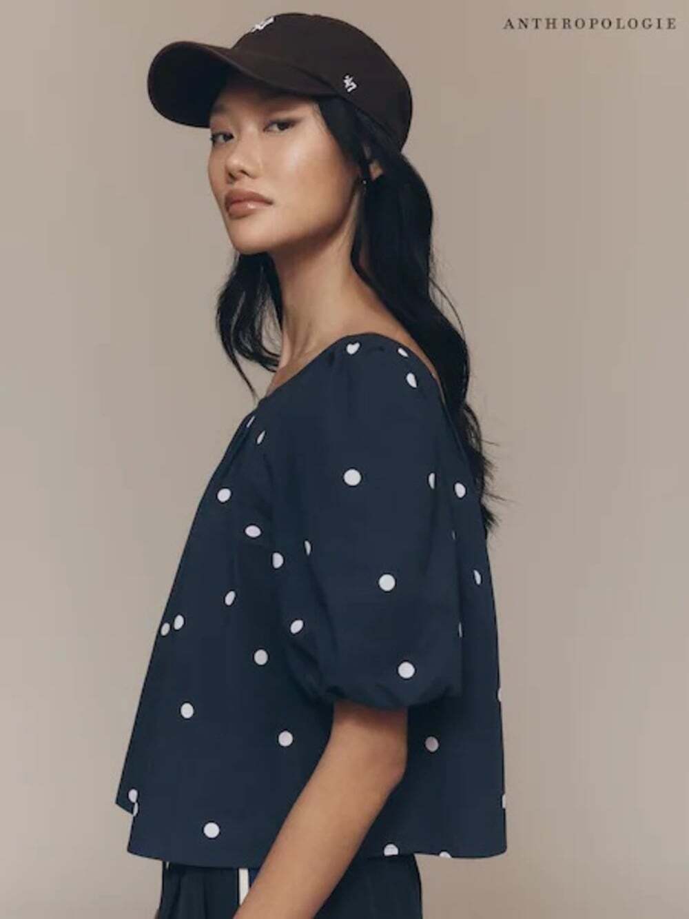 Maeve Anthro Navy Polka Dot Puff Sleeve Blouse Small Cottagecore Romantic Preppy